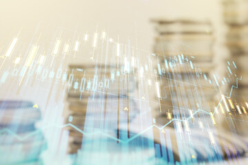 Poster - Double exposure of abstract creative financial chart hologram on growing stacks of coins background, research and strategy concept