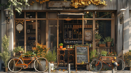 Wall Mural - In the morning light, a luxurious outdoor cafe on the corner of street. There is a coffee blackboard stand and an orange bicycle at the door. Generative AI.