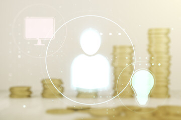 Poster - Abstract virtual social network hologram on coins background. Double exposure