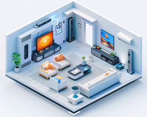 Poster - a futuristic smart home interior featuring ai-augmented reality interfaces, with holographic display