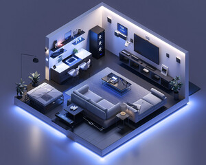 Poster - A futuristic smart home interior featuring AI-augmented reality interfaces, with holographic displays showing various smart home components. The minimalist design uses a minimal color palette and