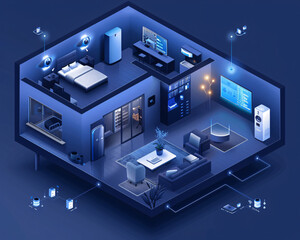 Poster - a futuristic smart home interior featuring ai-augmented reality interfaces, with holographic display