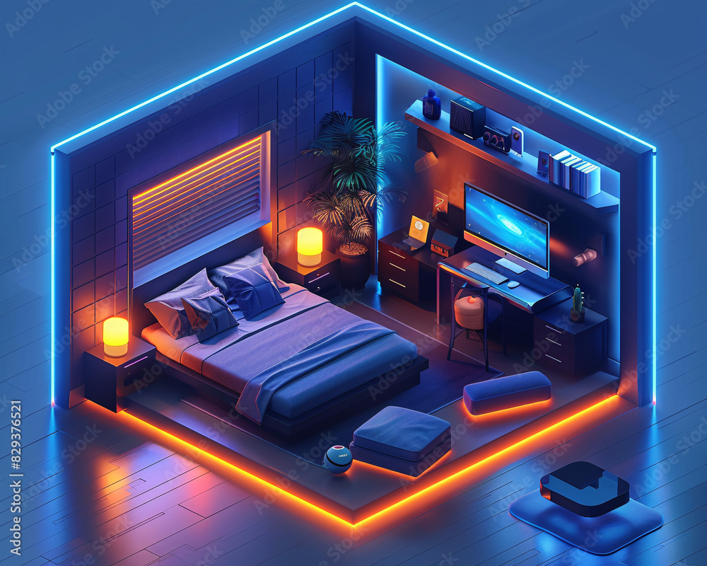 An isometric depiction of a modern smart home s bedroom, featuring AI ...