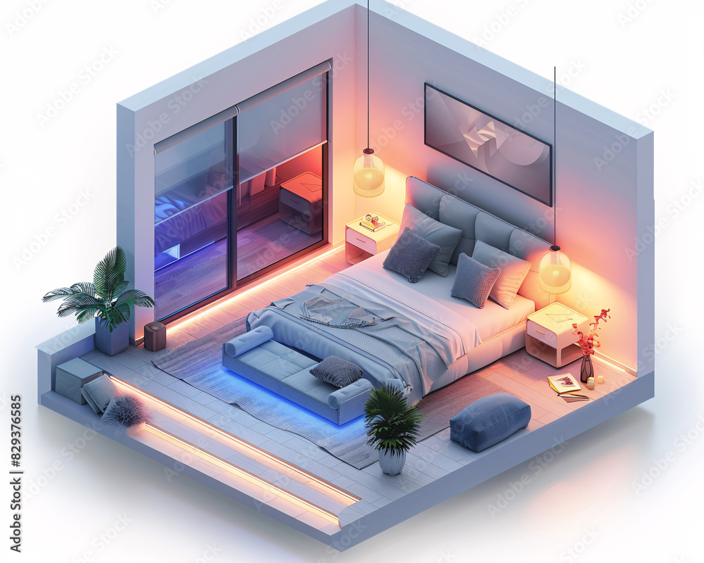 An isometric depiction of a modern smart home s bedroom, featuring AI ...