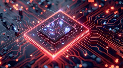 Poster - A high-tech chip glowing with neon lights, surrounded by intricate circuit patterns on background. radiating cool blue and red hues that highlight its advanced technological features. Generative AI.