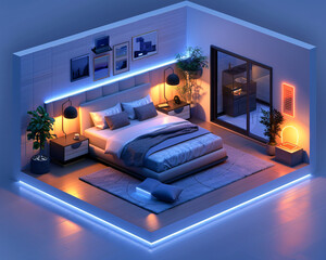 Poster - an isometric depiction of a modern smart home�s bedroom, featuring ai-enhanced augmented reality. th
