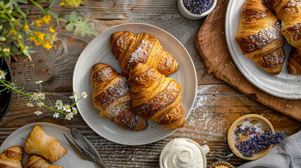 Wall Mural - top view flat lay croissants on white plate.