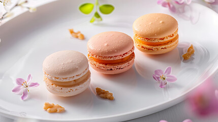 Wall Mural - close up three colorful macarons lined up on white plate with flowers garnish.