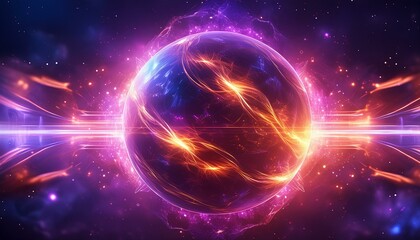 planet in space, Magical energy sphere with neon particles and flames in purple and pink  dark background