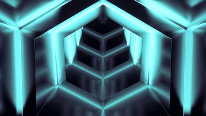 Poster - Exiting cyber tunnel. Design. Hexagonal 3D tunnel with neon lines and metal surface. Reverse movement in cyber tunnel