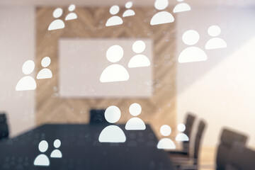 Poster - Double exposure of social network icons hologram on a modern boardroom background. Networking concept