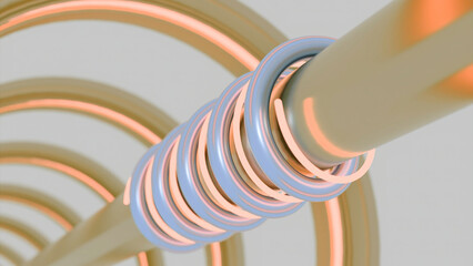 Aufkleber - Tunnel with metal pipe and moving spirals. Design. Metal pipe into tunnel with rotating neon lines. Neon and metal lines move in spirals on pipe in tunnel