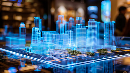 Poster - 3d blue prints of a real estate project virtual hologram display on the table