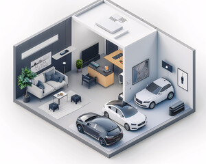 Wall Mural - An isometric view of a modern living room in an AI-enhanced smart home, showcasing an advanced home management system on a sleek wall display. The design is clean and minimalistic, providing plenty