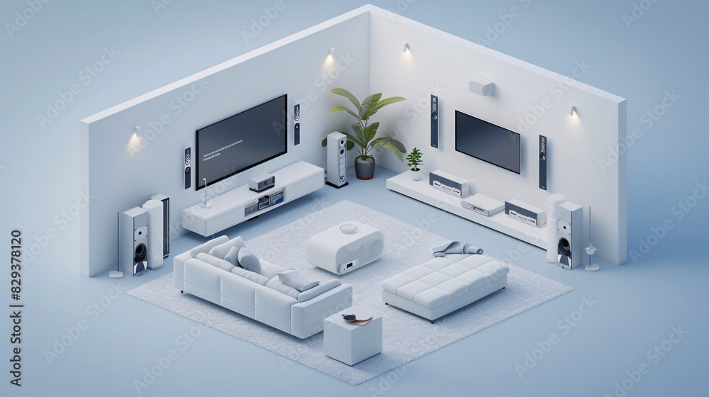 An isometric view of a modern living room in an AI-enhanced smart home ...
