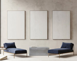 Wall Mural - Triple frame mockup over a soft ecru wall, navy chaise lounge, minimalist concrete table; ultra-realistic 3D.