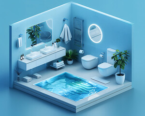 Poster - An isometric view of a modern living room in an AI-enhanced smart home, showcasing an advanced home management system on a sleek wall display. The design is clean and minimalistic, providing plenty