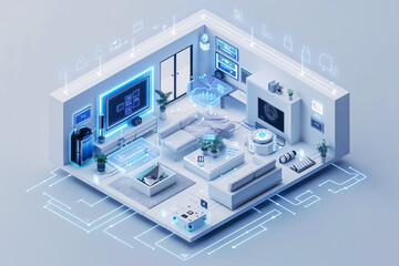 Wall Mural - In a minimalist and futuristic smart home interior, an AI-augmented reality interface displays various smart home components and controls. The isometric design emphasizes the advanced technology