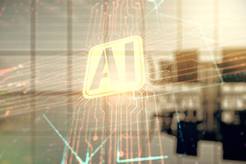 Aufkleber - Double exposure of creative artificial Intelligence icon on a modern meeting room background. Neural networks and machine learning concept