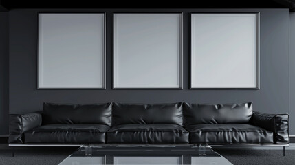 Wall Mural - Ultra-realistic 3D living room setting with three blank frames on a dark grey wall, a sleek black leather sofa, and a contemporary glass table below.