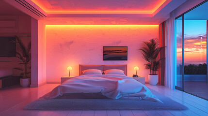 Poster - a cozy bedroom in a smart home with ai-augmented reality interfaces controlling lighting, temperatur