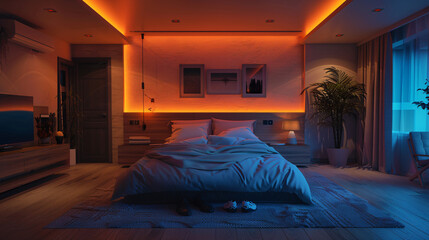 Poster - a cozy bedroom in a smart home with ai-augmented reality interfaces controlling lighting, temperatur