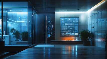 Poster - a futuristic smart home interior featuring ai-augmented reality interfaces, with holographic display