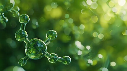 Closeup of glass molecules with a plant background, in the style of hyper realistic, green tones, organic, high resolution, highly detailed close up.