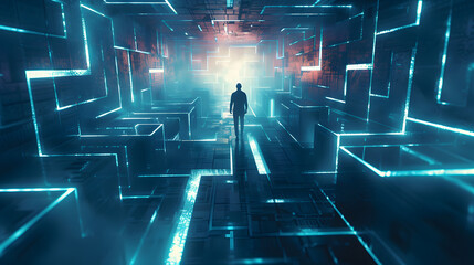 Person find exit from labyrinth in digital world. Human silhouette lost in futuristic technology maze. Digital addiction