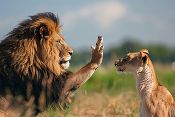 Poster - A lion (colleague) offering a helping hand to a worried zebra (colleague) who seems frustrated with a computer problem. Stock Photo with Copy Space