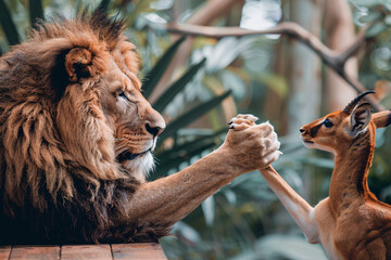 Poster - A lion (colleague) offering a helping hand to a worried zebra (colleague) who seems frustrated with a computer problem. Stock Photo with Copy Space