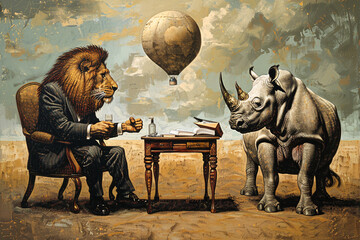 Poster - A lion (colleague) offering a helping hand to a worried zebra (colleague) who seems frustrated with a computer problem. Stock Photo with Copy Space