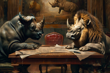 Poster - A lion (colleague) offering a helping hand to a worried zebra (colleague) who seems frustrated with a computer problem. Stock Photo with Copy Space