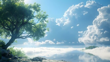 The beautiful landscape of a lake and a tree