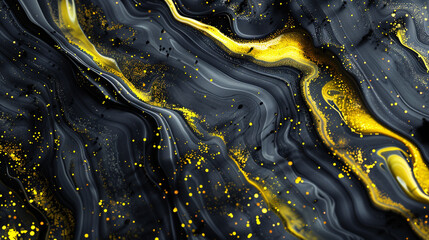Wall Mural - Render an AI-generated image showcasing detailed marble ink designs with dazzling lemon yellow glitter.
