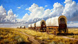 © Curva Design - pioneers used covered wagons for their journey in the desert against blue sky for Pioneer Day background.