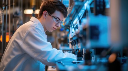 Poster - An engineer is conducting experiments in a science lab, wearing a lab coat. AIG41