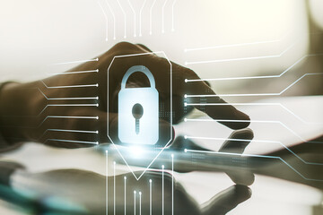 Poster - Creative lock illustration with microcircuit and finger presses on a digital tablet on background, cyber security concept. Multiexposure