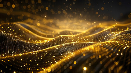 Aufkleber - Banner gold tech futuristic web, science and technology, golden glowing rays with flickering particles, lines, dots, glitter effect on dark background