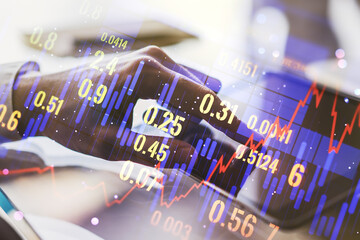 Poster - Multi exposure of abstract creative financial chart with finger presses on a digital tablet on background, research and analytics concept