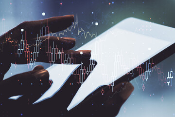 Poster - Abstract creative financial graph with finger clicks on a digital tablet on background, financial and trading concept. Multiexposure