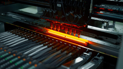 Poster - Electronic circuit boards production and installation of SMD components. Creative. Needle automatic equipment diagnose and test chips and processors.