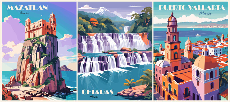 Set of Mexico Travel Destination Posters in retro style. Chiapas, Puerto Vallarta, Mazatlan prints. Exotic summer vacation, tourism, holidays concept. Vintage vector colorful illustrations.