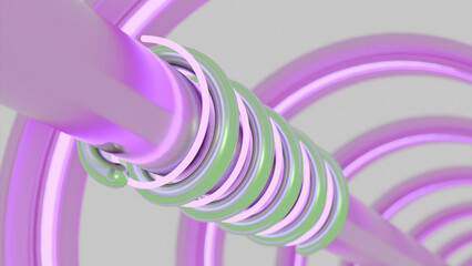 Aufkleber - Tunnel with metal pipe and moving spirals. Design. Metal pipe into tunnel with rotating neon lines. Neon and metal lines move in spirals on pipe in tunnel