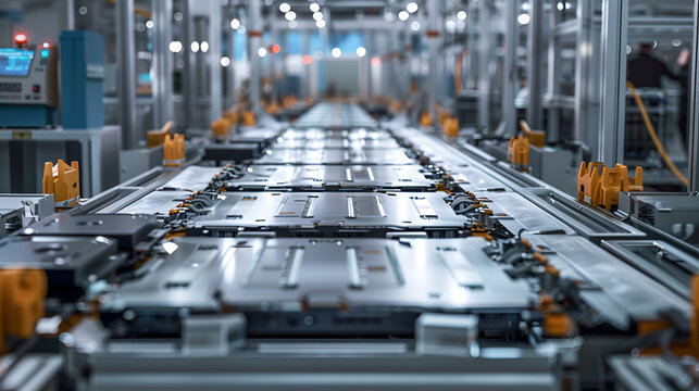 A factory floor with a conveyor belt of car parts