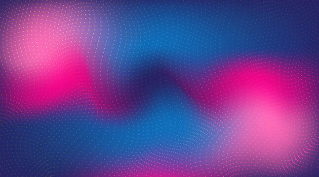 Abstract dotted waving particles in neon colors, technology background design. Futuristic halftone faded texture, grunge pattern made of dots, circles. Abstract wave moving dots flow particles.