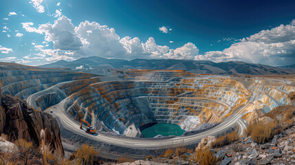 A large open pit mine with a large body of water in the center.
