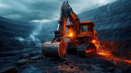 Wall Mural - A large orange excavator is driving through a black, rocky area