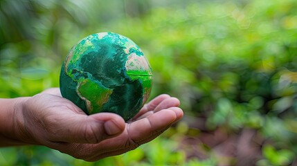 A close-up of a human hand gently cradling a miniature green earth globe, symbolizing eco-friendliness and environmental stewardship