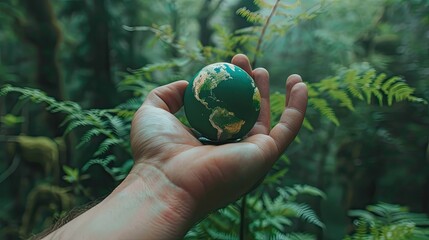 A close-up of a human hand gently cradling a miniature green earth globe, symbolizing eco-friendliness and environmental stewardship